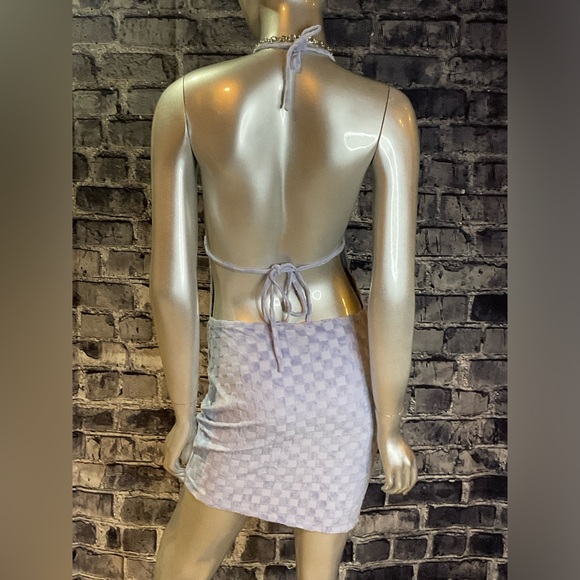 Baby Blue Checkered Print Halter Mini Dress - Picture 7 of 9